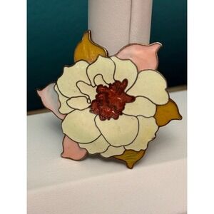 Vintage Cloisonne Enamel Flower Brooch Pin Pink Cream Floral Retro  Cottagecore